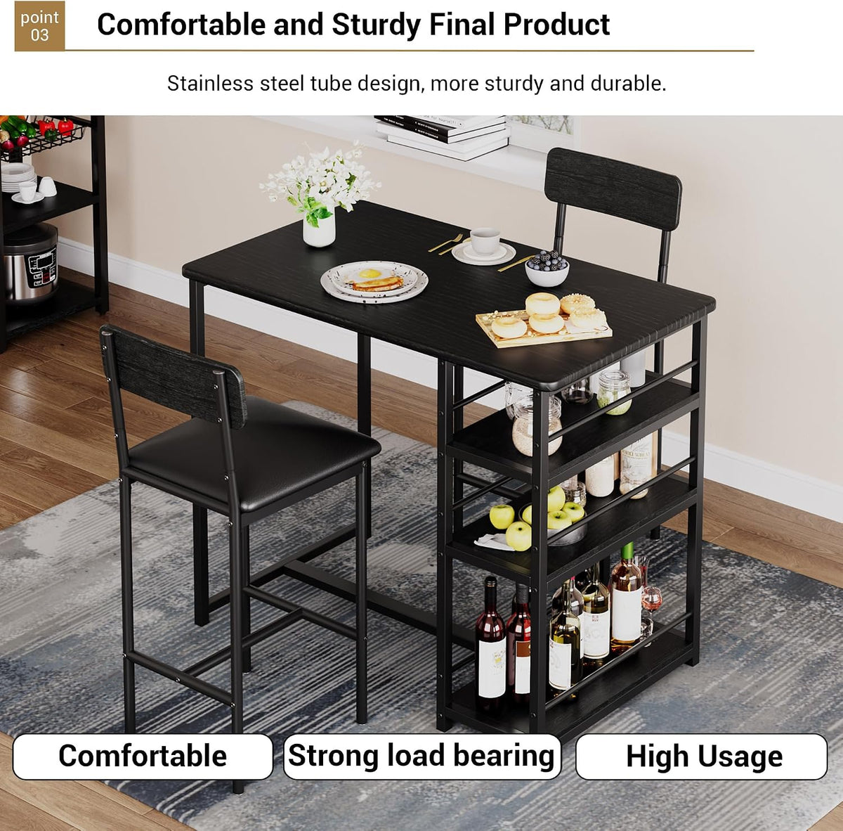 3-Piece Small Bar Table and Chairs Set for 2,Small Dining Table with 2 PU Cushioned Stools,3 Storage Shelves, Space Saving Kitchen Table Set for Breakfast Nook, Apartment, Bistro,Black.