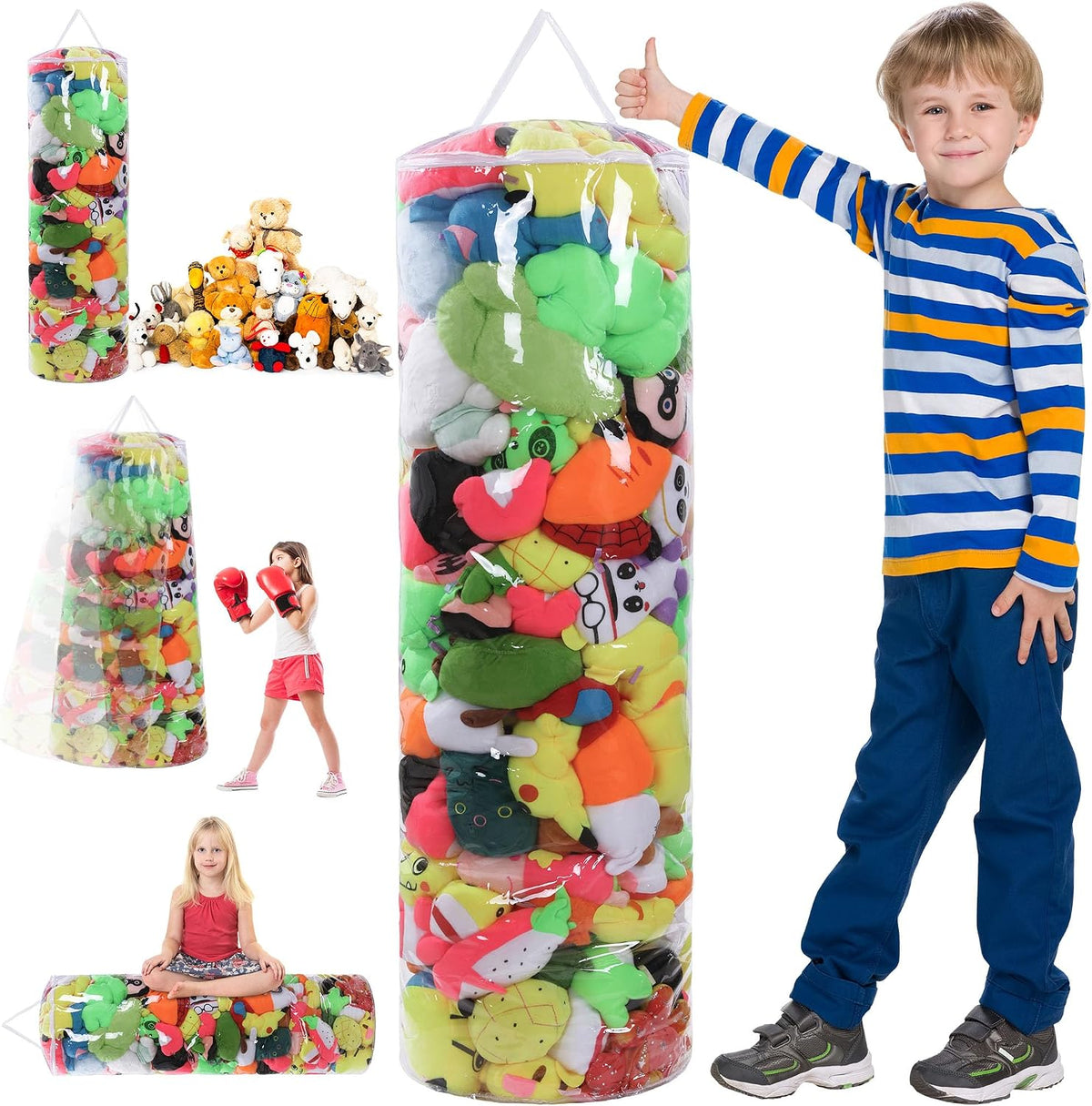 BALAPET Clear Stuffed Animal Bean Bag Cover for Kids,Waterproof PVC Storage Soft Stuff Animal for Organizing Toddler & Children Rooms,Portable Cylinder Bag to Sit, Play & Box(47.2x13.8x13.8in)