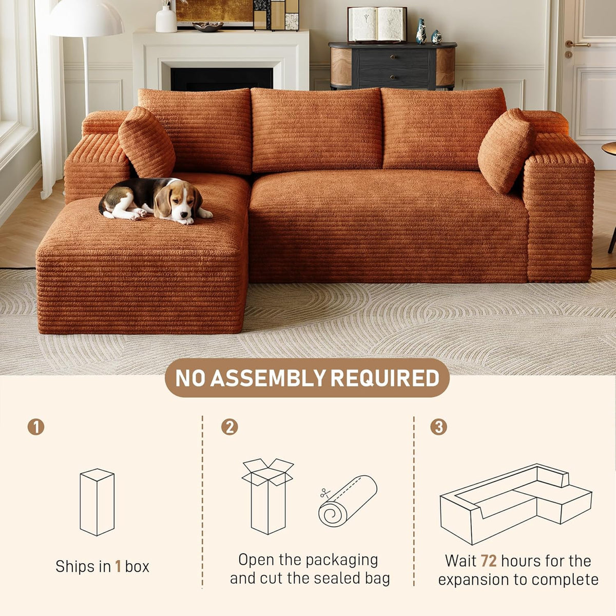 Cloud Sectional Couch Modular Sectional Sofa, 96" Comfy Fluffy Orange L Shaped Couches for Living Room, Deep Seat Plush Corduroy Memory Foam Couch with Left Facing Chaise Sofa