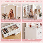 senlin Vintage Vanity with Lighted Mirror & Outlet (White) | Retro dressing table with 5 drawers and glass top. Third-fold lighted mirror for bedroom. Power outlet suitable for women.