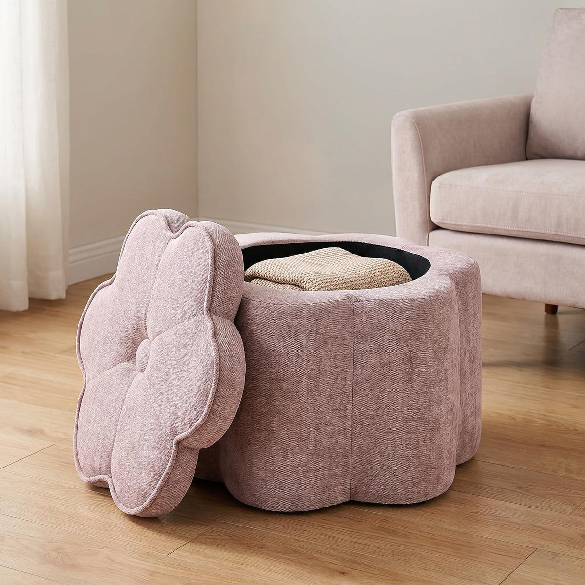 Crestview Collection 14.5" H Pink Flower Storage Ottoman,Sandy Pink | Chenille Fabric,Holds 300 LBS,Seating Foot Rest,For Bedroom Living Room Entryway,Home Decor