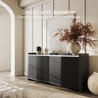 BELLEZE 66 Inch Sideboard Buffet Cabinet, Accent Modern Credenza Storage with Adjustable Shelves, Fluted Black Console Table with Faux Marble Panel for Kitchen, Dining Room, Entryway or Hallway