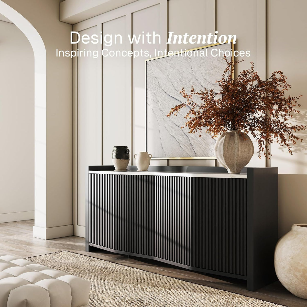 BELLEZE 66 Inch Sideboard Buffet Cabinet, Accent Modern Credenza Storage with Adjustable Shelves, Fluted Black Console Table with Faux Marble Panel for Kitchen, Dining Room, Entryway or Hallway