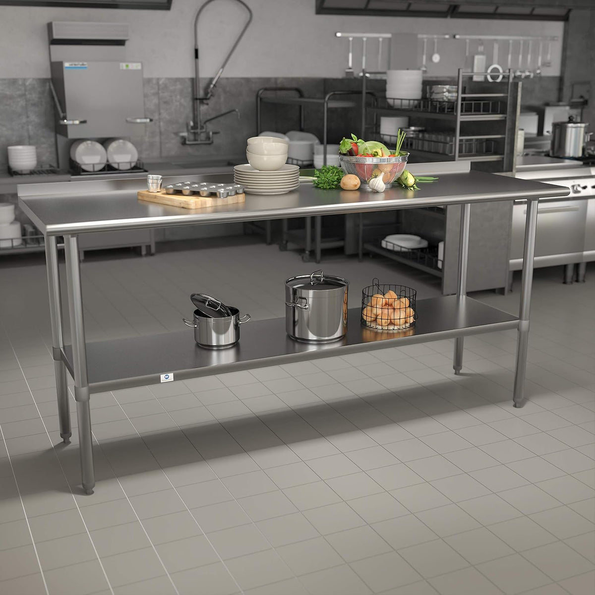 EMMA + OLIVER Stainless Steel 18 Gauge Kitchen Prep and Work Table with Backsplash and Shelf, NSF - 72" W x 30" D