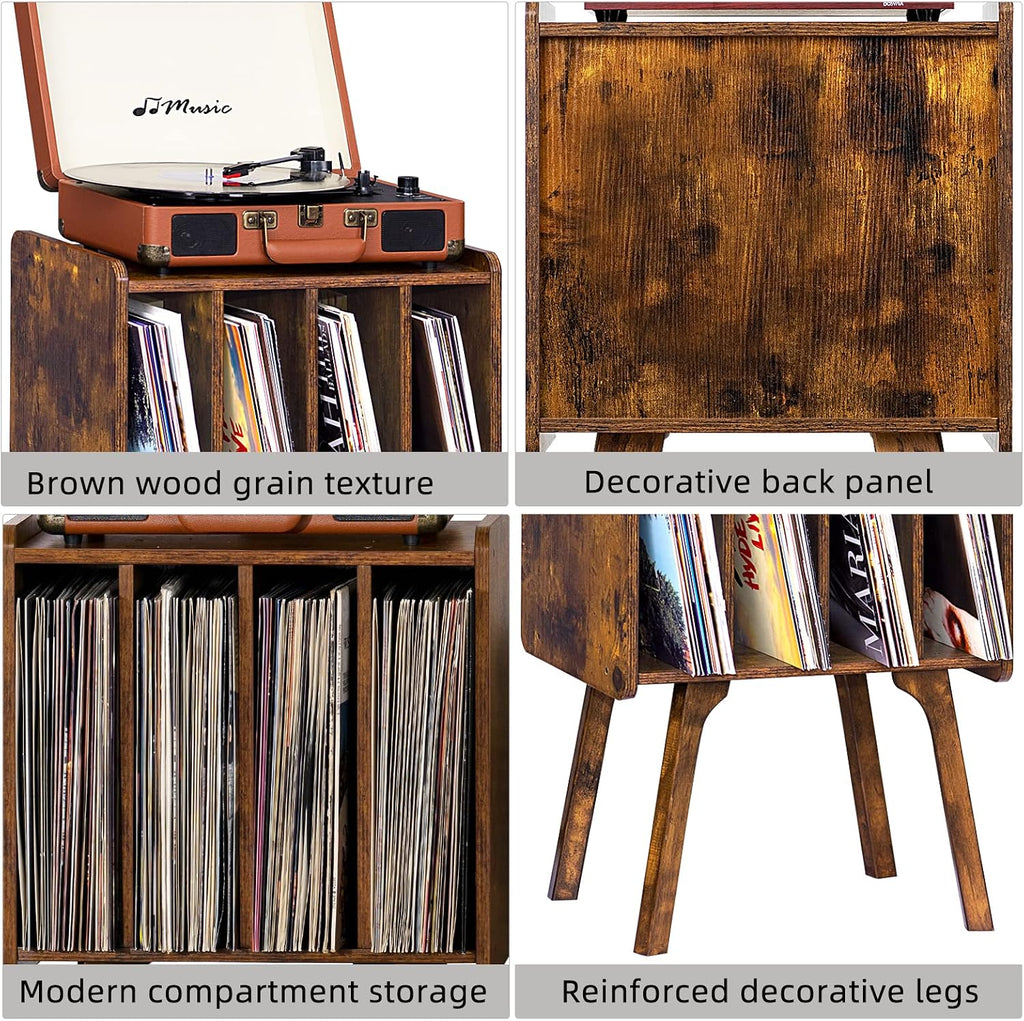 LELELINKY Small Record Player Stand, 4 Cabinet Vinyl Storage Table, Brown | Width 11.7 In, Up to 80 Albums, Vinyl Holder with Wood Legs, Turntable Stand Display Shelf for Bedroom and Living Room