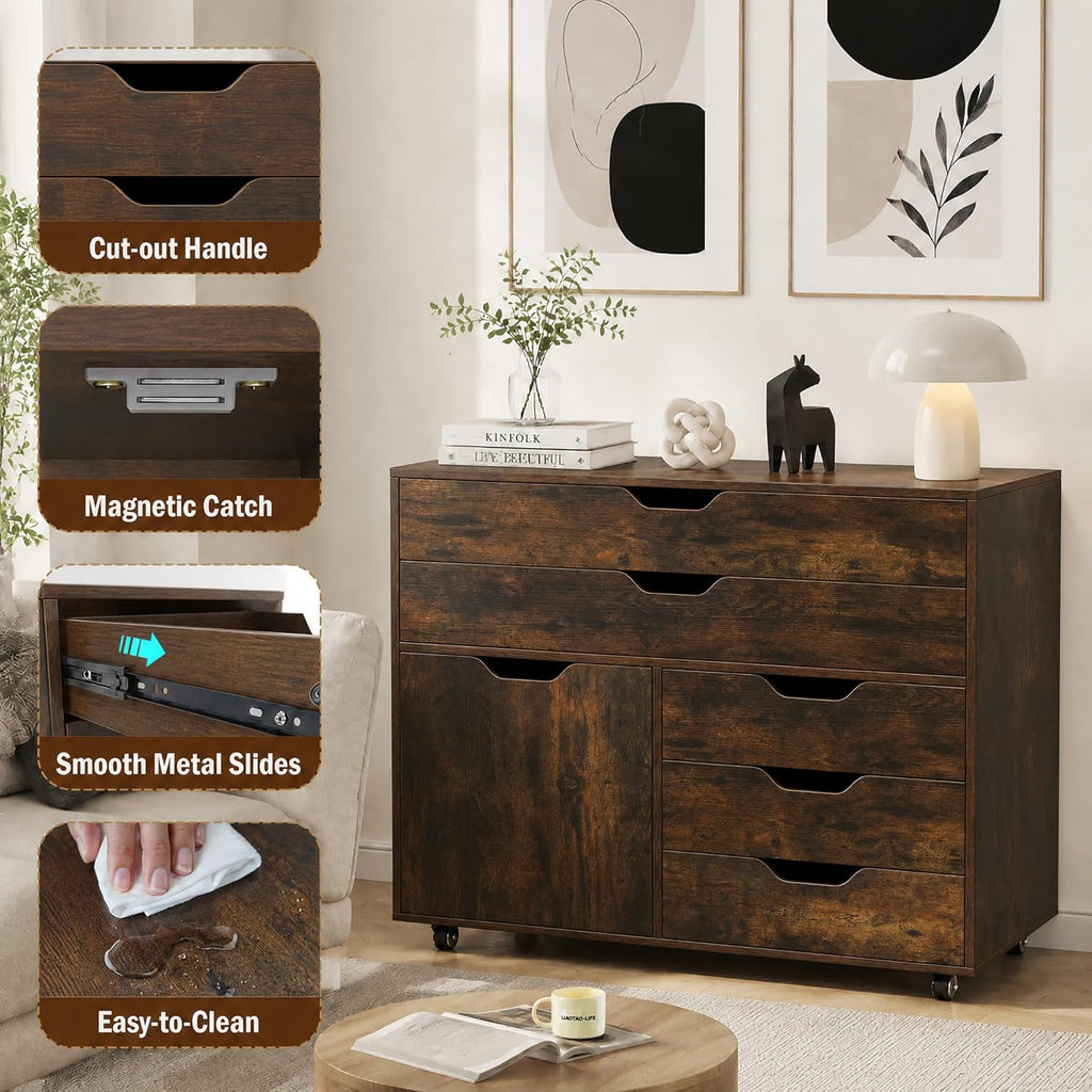 POWERSTONE Rolling File Cabinet 5-Drawer & One Side Door Storage Unit, Wood Printer Stand Drawer Cabinet with 5 Metal Wheels(2 Self-Locking) for Home Office, Coffee