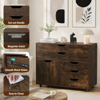 POWERSTONE Rolling File Cabinet 5-Drawer & One Side Door Storage Unit, Wood Printer Stand Drawer Cabinet with 5 Metal Wheels(2 Self-Locking) for Home Office, Coffee