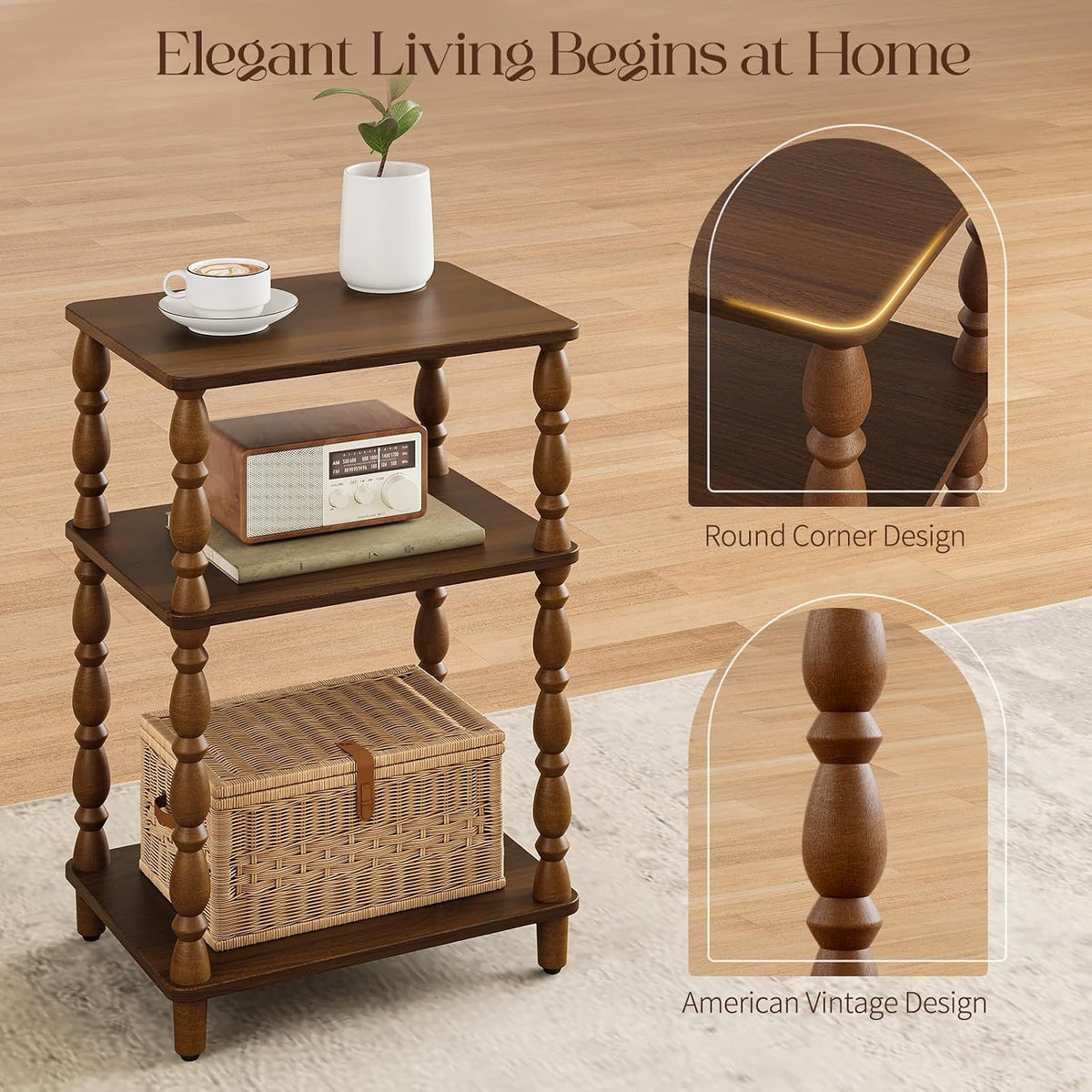 Yoobure Small Side Table - Walnut End Tables Living Room with Spindle Legs