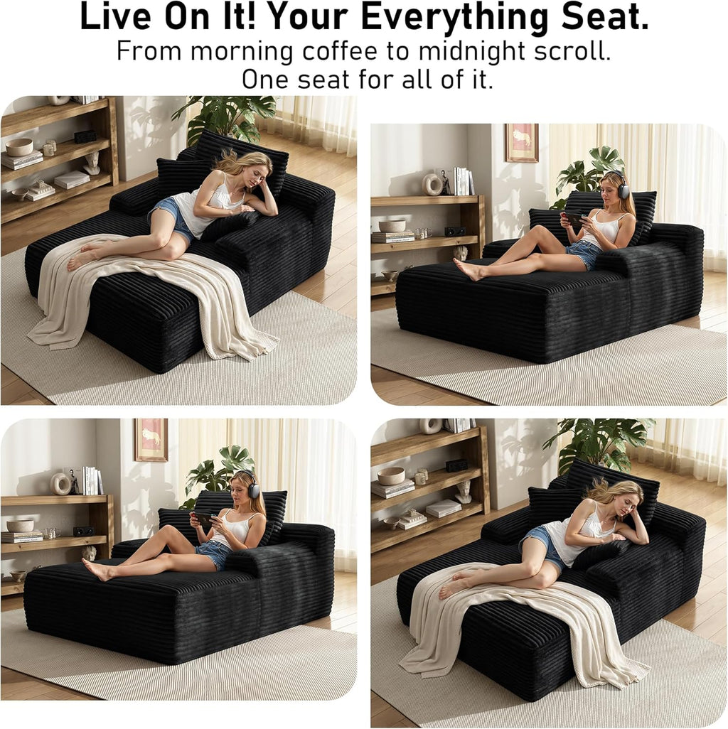 65'' Chaise Lounge Chair Indoor, Black Corduroy Sofa Bed, Lounge Chair, Oversized Sleeper Sofa, Black Corduroy Cloud Couch Reading Chair for Living Room No Assembly