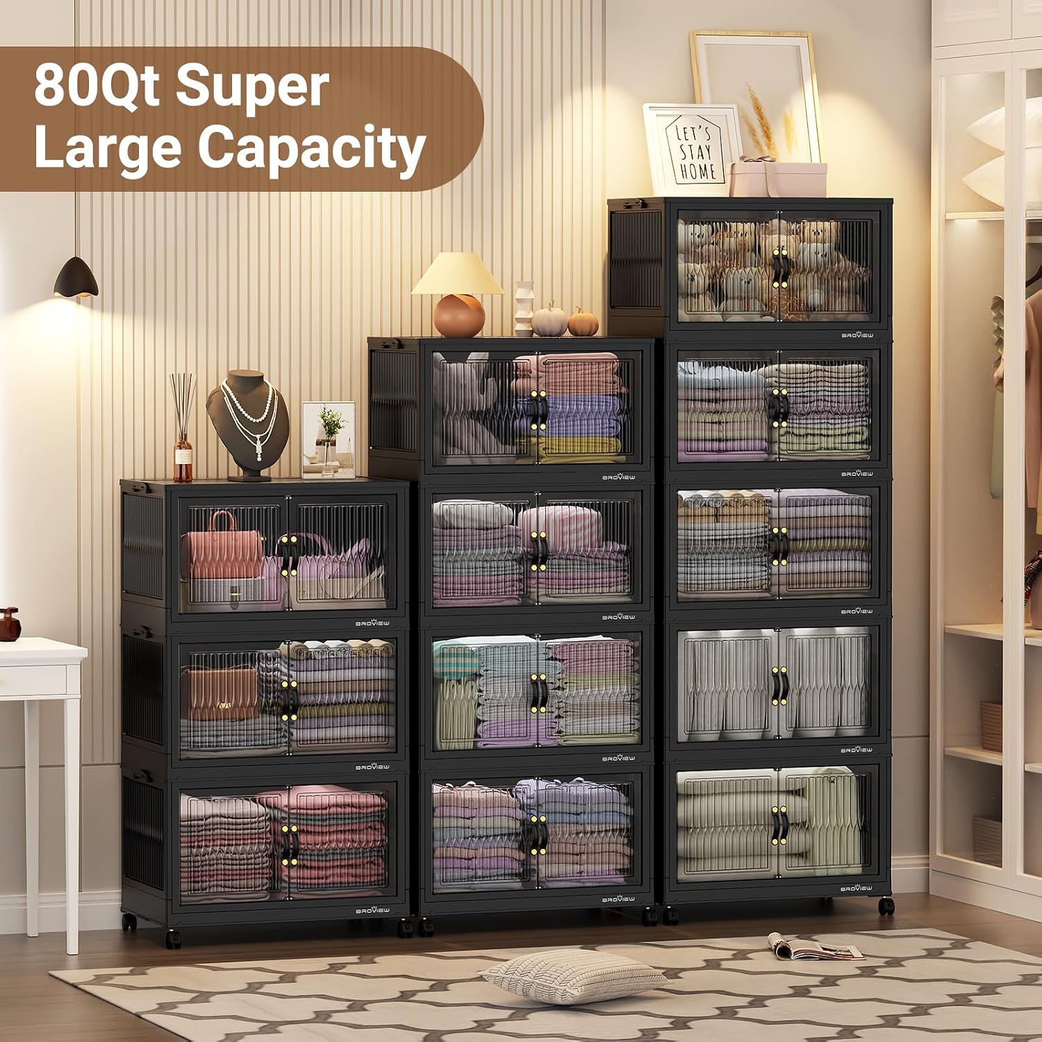 BROVIEW 320Qt Stackable Storage Bins with Lid, Extra Large Closet Organizer Collapsible Drawer Boxes with Wheels, Folding Plastic Cabinet Containers for Home Kitchen Room Organization, 4Pack Black