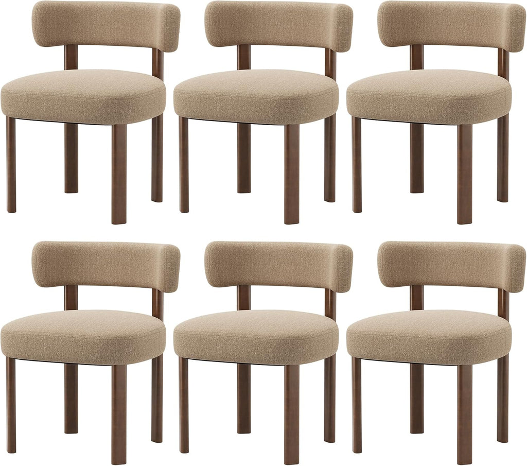 Wooden Dining Chairs Set of 6, Upholstered Kitchen Chairs with Solid Wood Legs, Mid Century Dining Room Chair with Ergonomic Curved Backrest for Kitchen Dining Vanity, Camel