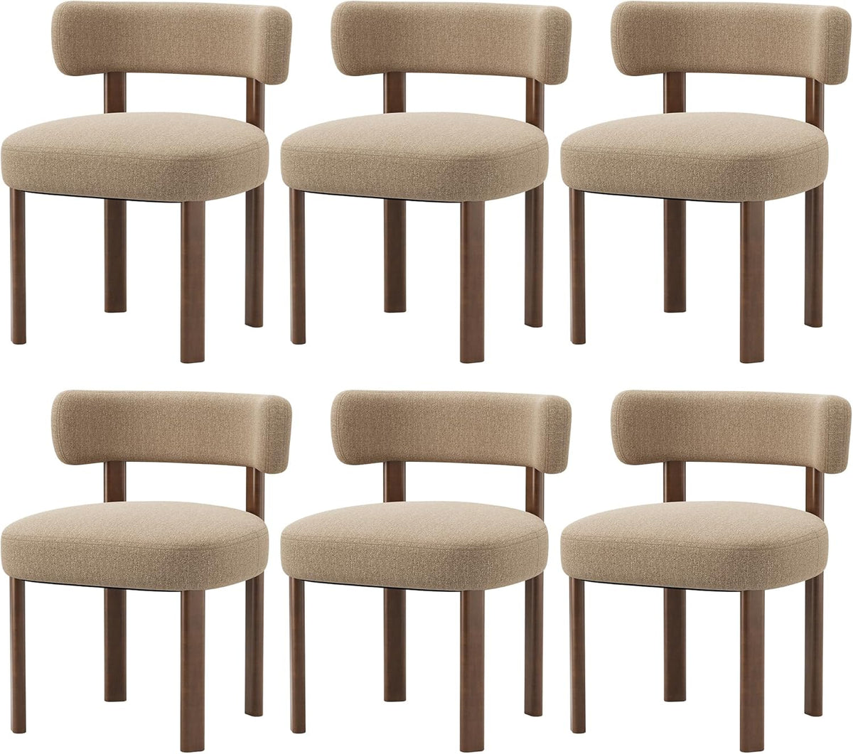 Wooden Dining Chairs Set of 6, Upholstered Kitchen Chairs with Solid Wood Legs, Mid Century Dining Room Chair with Ergonomic Curved Backrest for Kitchen Dining Vanity, Camel