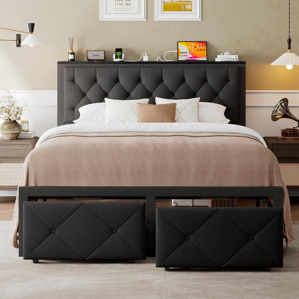 Einhomn Full Size Bed Frame with 2 Storage Drawers, Metal Platform Bed with Charging Station, Upholstered Linen Button Tufted Storage Headboard, No Box Spring Needed, Easy Assembly, Noise Free, Black
