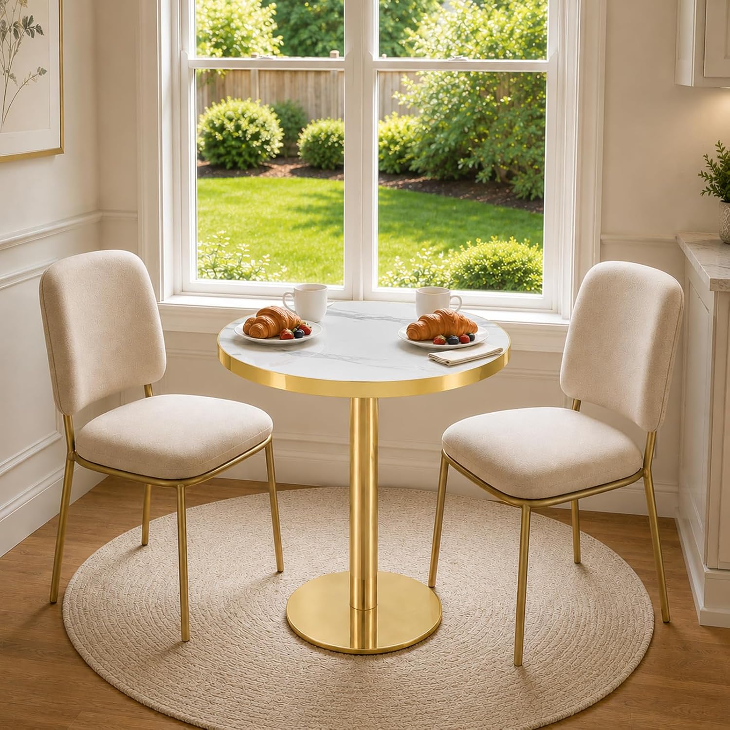 TesNus 23.6" Small Round Dining Table for 2, Circle Tulip Table, Faux Marble Top with Gold Metal Pedestal Base, Modern Leisure Coffee Table for Small Spaces, Cafe, Office, White&Gold