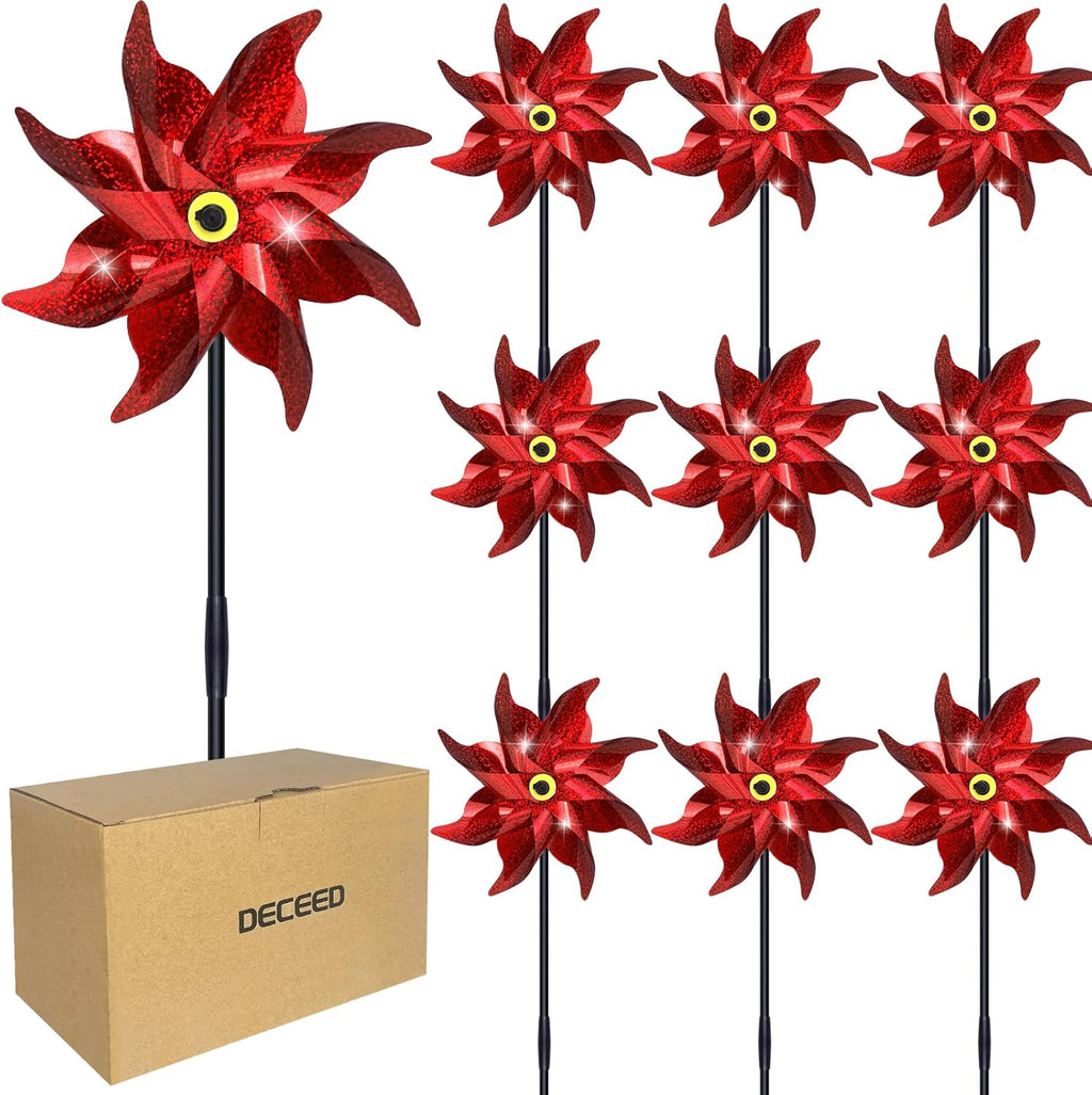 10 PCS Reflective Pinwheels for Yard and Garden Bird Devices Pre-Installed Sparkly Wind Spinner Deterrent to Scare Birds Away from Yard Patio Farm (Red)