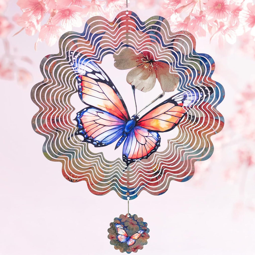 3D Butterfly Wind Spinner for Outdoor Decor, 12 Inch Stainless Steel Metal Wind Sculpture, Weatherproof Garden Art for Yard, Patio, Unique Moving Spinner for Bird Lovers