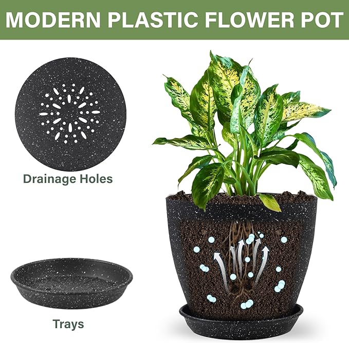 Plant Pots 8.5/7.5/6.5/6 Inch, 4 Pack for Indoor Plants, Modern Decorative Plastic Planters with Drainage Holes and Saucers for House Indoor Outdoor Flower