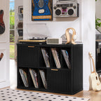 LEYAOYAO Large Record Player Stand with Vinyl Storage Up to 450 Albums, Wood Fluted Boho Record Storage Accent Cabinet, Modern Stereo Media Cabinets, Wide Turntable Stand for Living Room, Black Oak