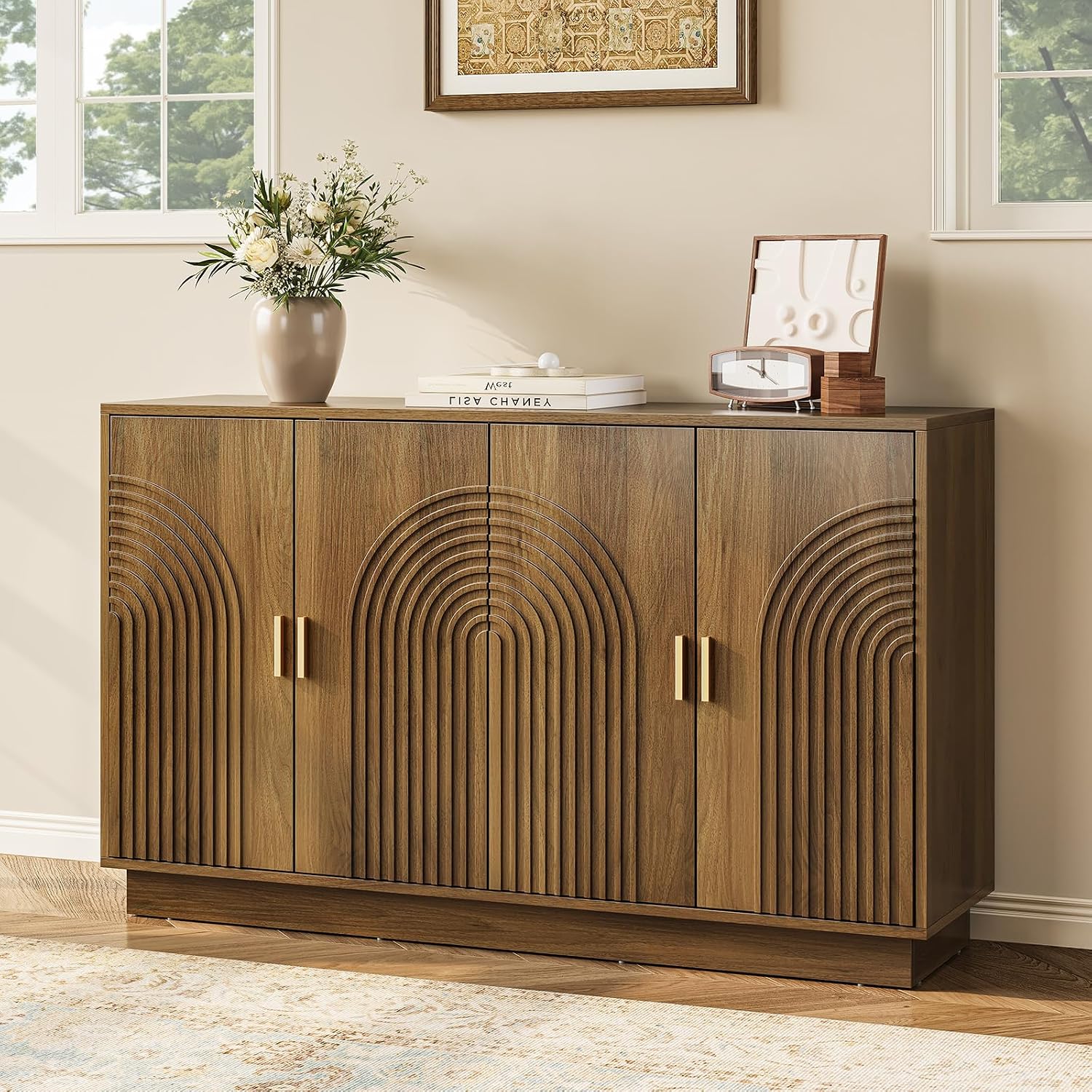 Fluted Sideboard Buffet Cabinet with Storage - 57" Credenza Coffee Bar Cabinet with 4 Doors, Accent Kitchen Storage Cabinets with Adjustable Shelves for Living Room & Kitchen, Entryway, Walnut
