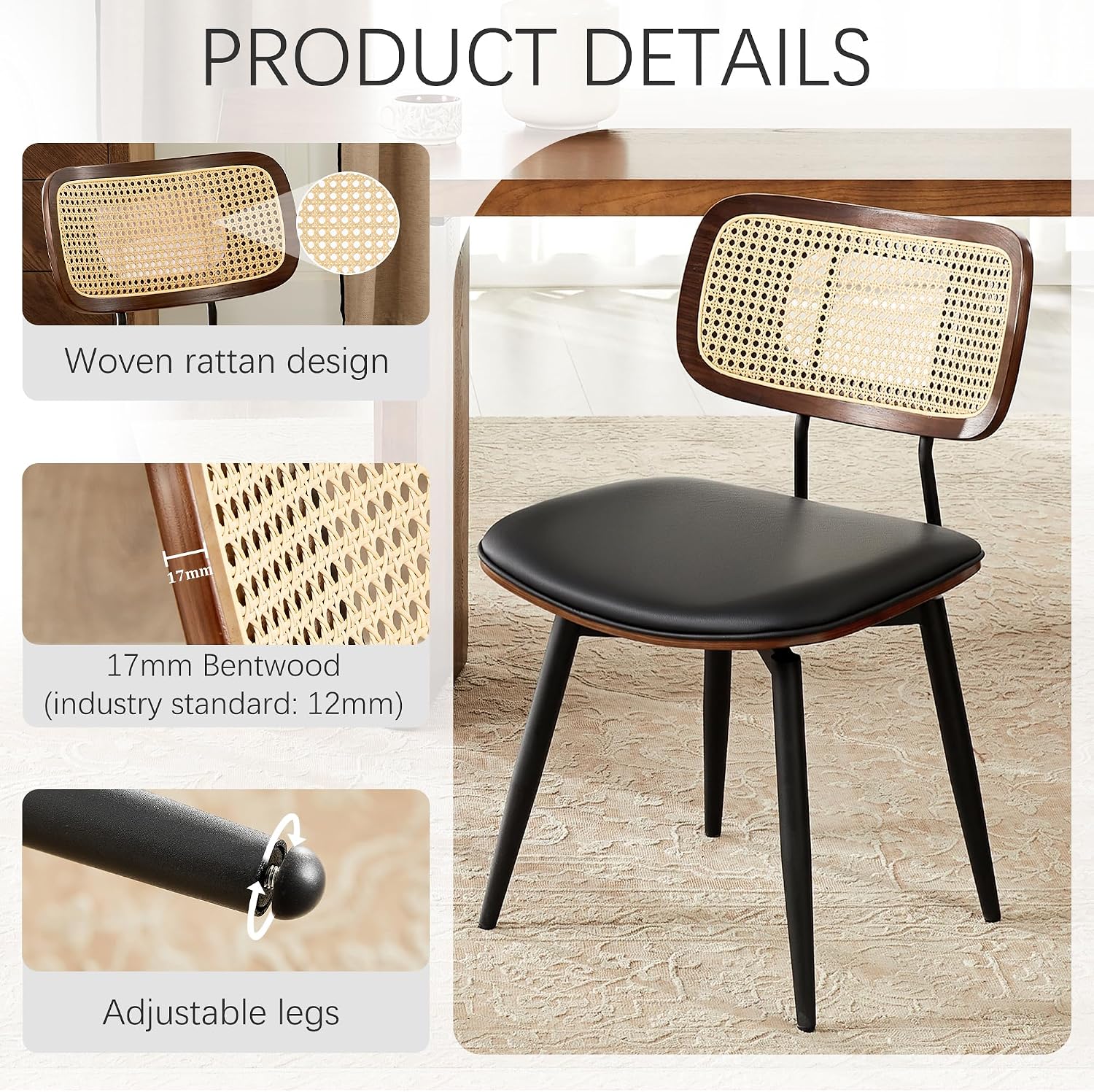 Dining Chairs, Swivel Dining Chairs Set of 6, Faux Leather & Rattan Walnut Dining Room Chairs, Bentwood & Metal Frame Upholstered Chairs with 360°Rotation, Modern Kitchen/Living Room Chair (Black)