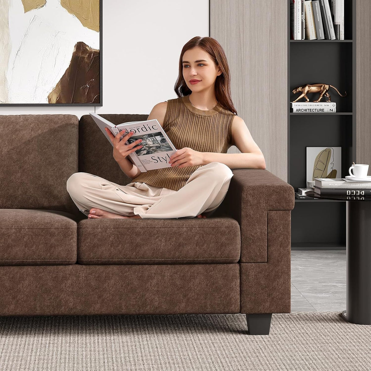 COPIAE 3 Seater Sofa Couch with Deep Seat, 90" Modern Upholstered Sofa with Armrests, Easy Installation, Comfy Couches for Living Room, Apartment,Dark Brown