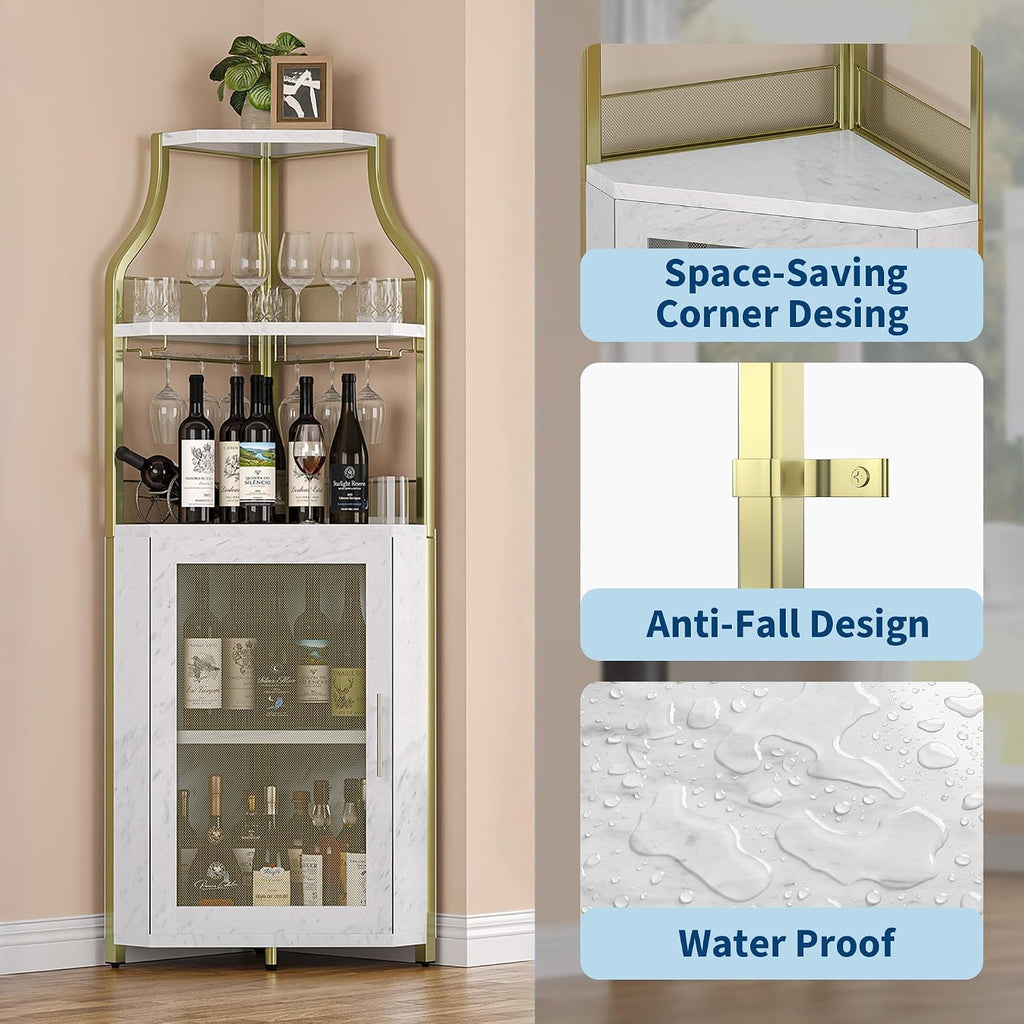 GarveeHome Corner Wine Cabinet with Detachable Wine Rack, 5-Tier Industrial Corner Bar Cabinet with Barn Door and Glass Holder, Farmhouse Buffet Cabinet and Home Bar, Gold