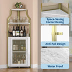 GarveeHome Corner Wine Cabinet with Detachable Wine Rack, 5-Tier Industrial Corner Bar Cabinet with Barn Door and Glass Holder, Farmhouse Buffet Cabinet and Home Bar, Gold