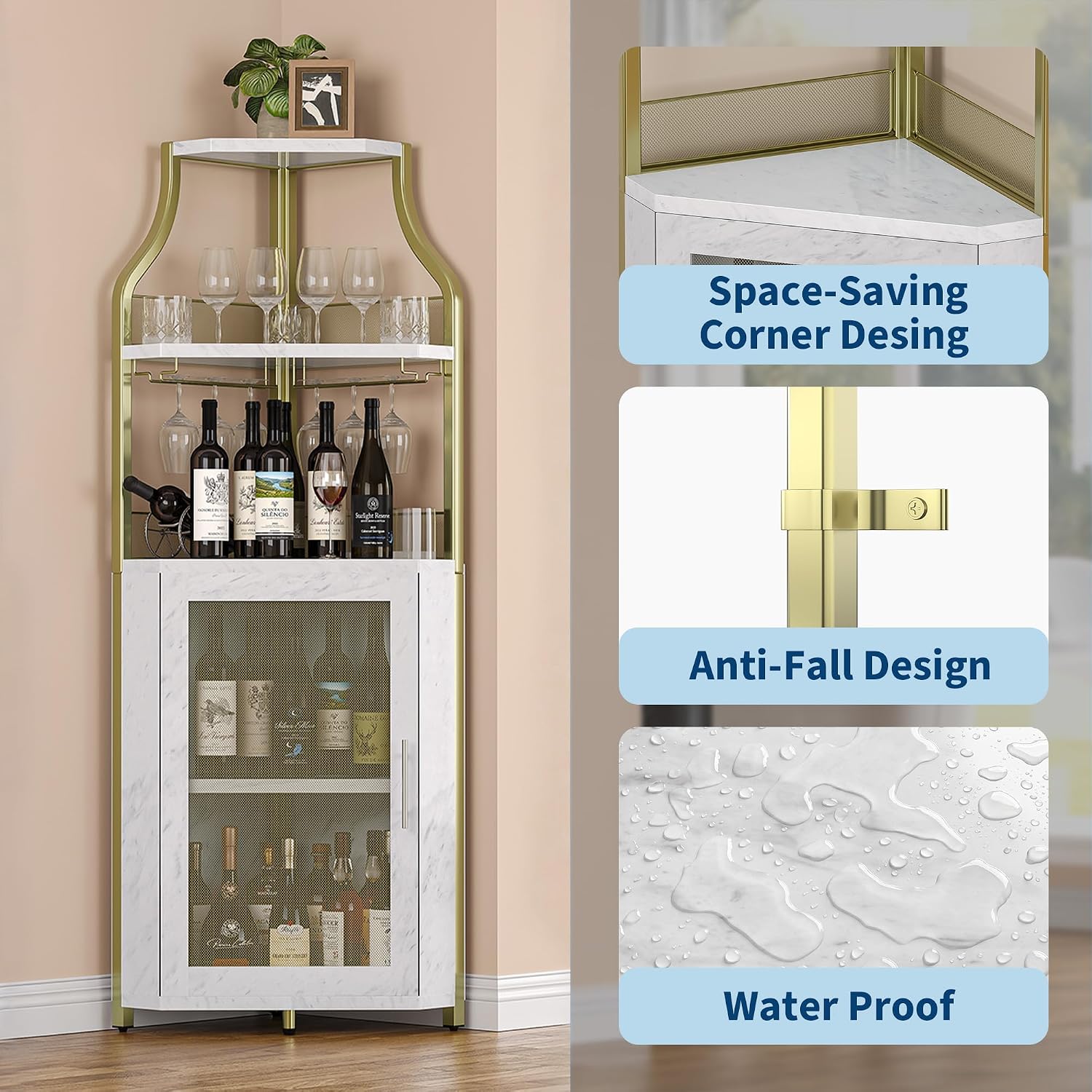 GarveeHome Corner Wine Cabinet with Detachable Wine Rack, 5-Tier Industrial Corner Bar Cabinet with Barn Door and Glass Holder, Farmhouse Buffet Cabinet and Home Bar, Gold