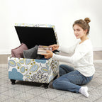 Adeco Colorful Storage Ottoman with Storage, 21" Linen Fabric Ottoman Foot Rest Stool with Hinged Lid with Blue Leaf Pattern, 360 LB Load Capacity, Living Room, Bedroom, Entryway