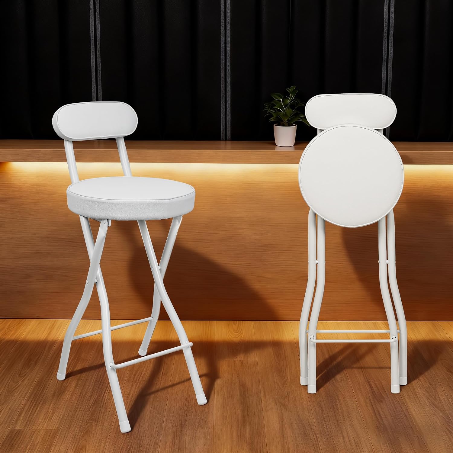UWEAR Portable Folding Stool,Folding Bar Stool with Back,Leather Padded Counter Height Foldable Stool, Tall Chairs for Adults Kitchen Island Outdoor Shop Cafe(2 PCS Black) (2PCS White)