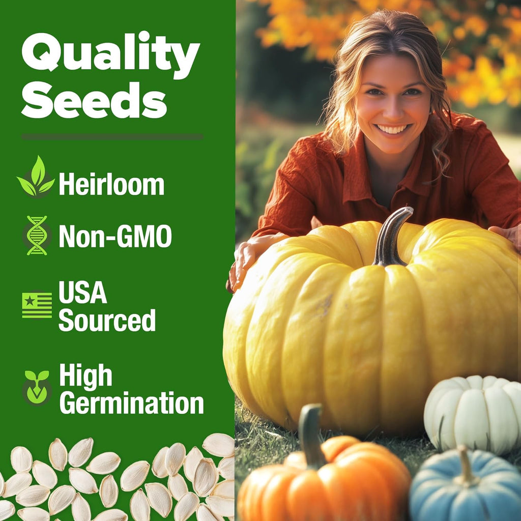 HOME GROWN 𝗨𝗦𝗔 𝗣𝗥𝗘𝗠𝗜𝗨𝗠 5 Pumpkin Seeds Mix - 40 Seeds 𝗡𝗢𝗡-𝗚𝗠𝗢 Heirloom Pumpkin for Planting Ideal Garden for Unique Varieties Yellow Paris and Casper, Culinary and Decorative Use