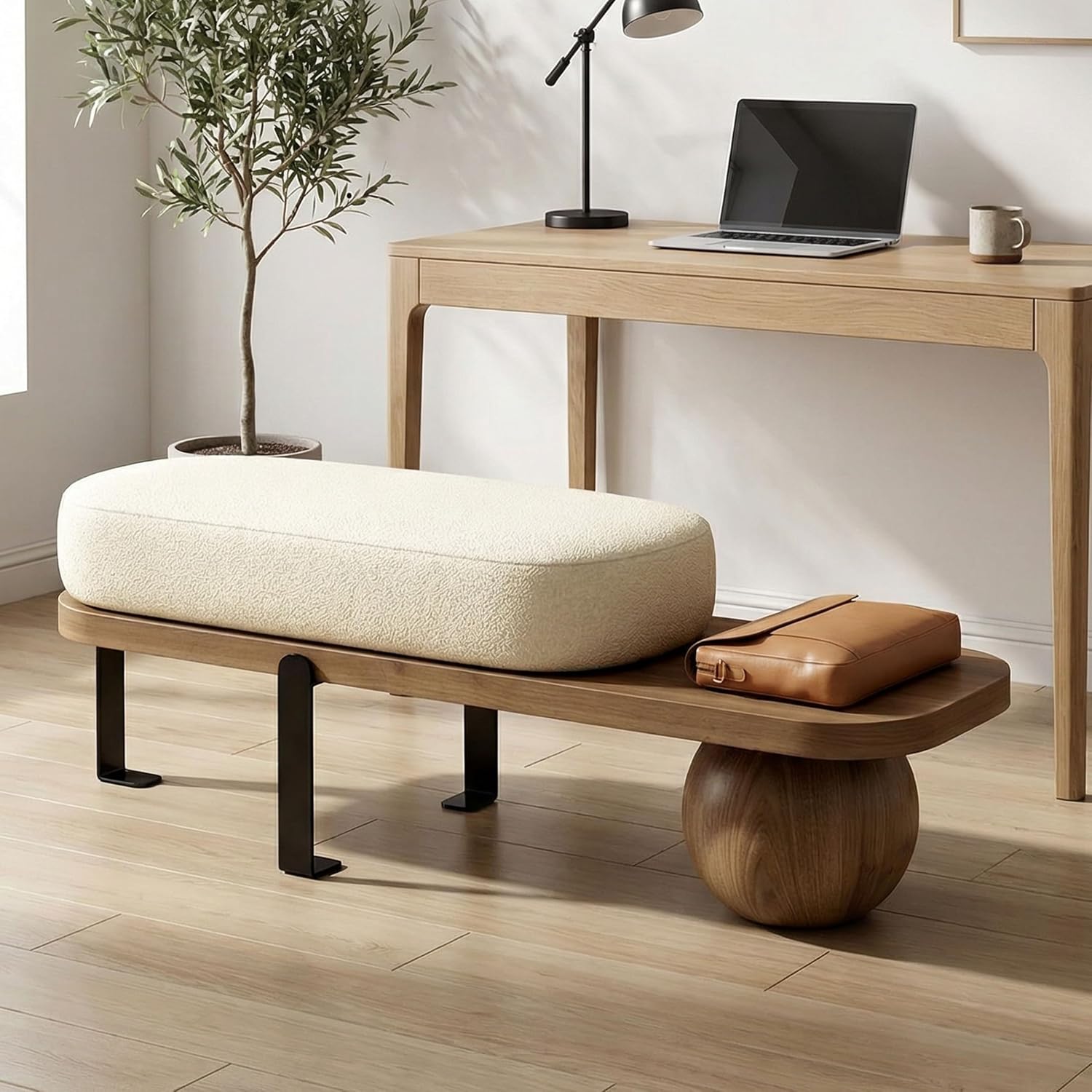 Upholstered Entryway Bench, 300lb Cushioned Wooden Bench with Abstract Metal Legs, Modern Accent Seat for Bedroom Living Room Hallway 80 * 35 * 45cm