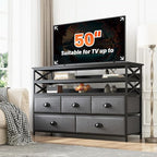 Dresser TV Stand for 50" TV, Sturdy Dresser for Bedroom with 5 Fabric Drawers and 3 Wood Open Shelves, Chest of Drawers Storage Dressers for Entryway, Closet, Grey, 11.8" D x 39.4" W x 38.4" H