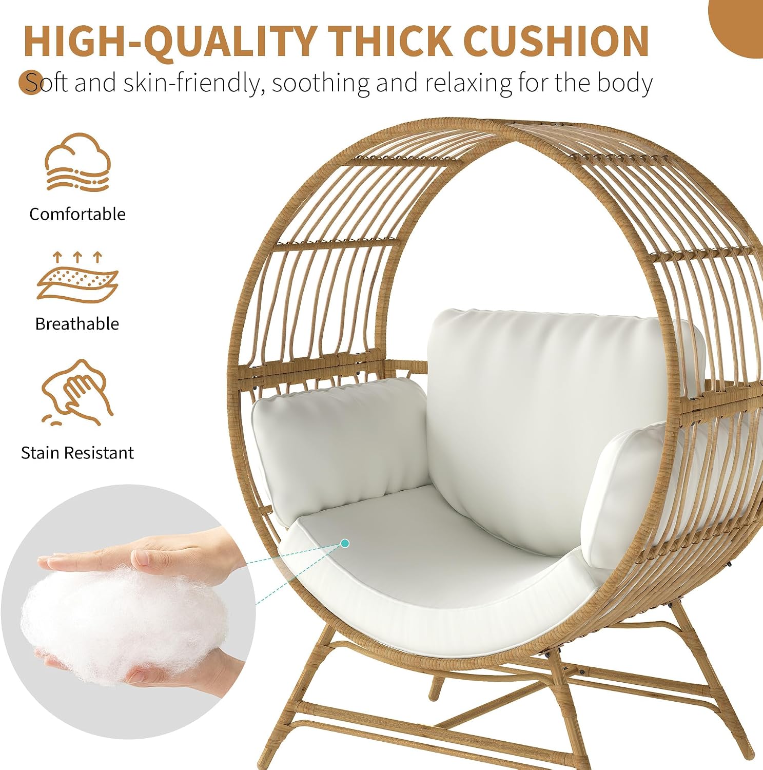 Fancyango Egg Chair Outdoor Indoor, Oversized Rattan Chair with Thicken Cushion, 350LBS Capacity Wicker Patio Lounge Chair, Basket Chair for Living Room Balcony Porch Backyard, Beige