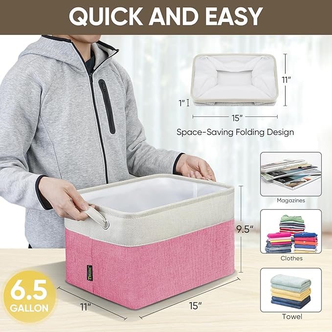 BALEINE 3 Pack Fabric Storage Bins for Shelves, Linen Storage Baskets for Organizing, Decorative Closet Bins for Clothes, Home (Pink, 15''x11''x9.5'')