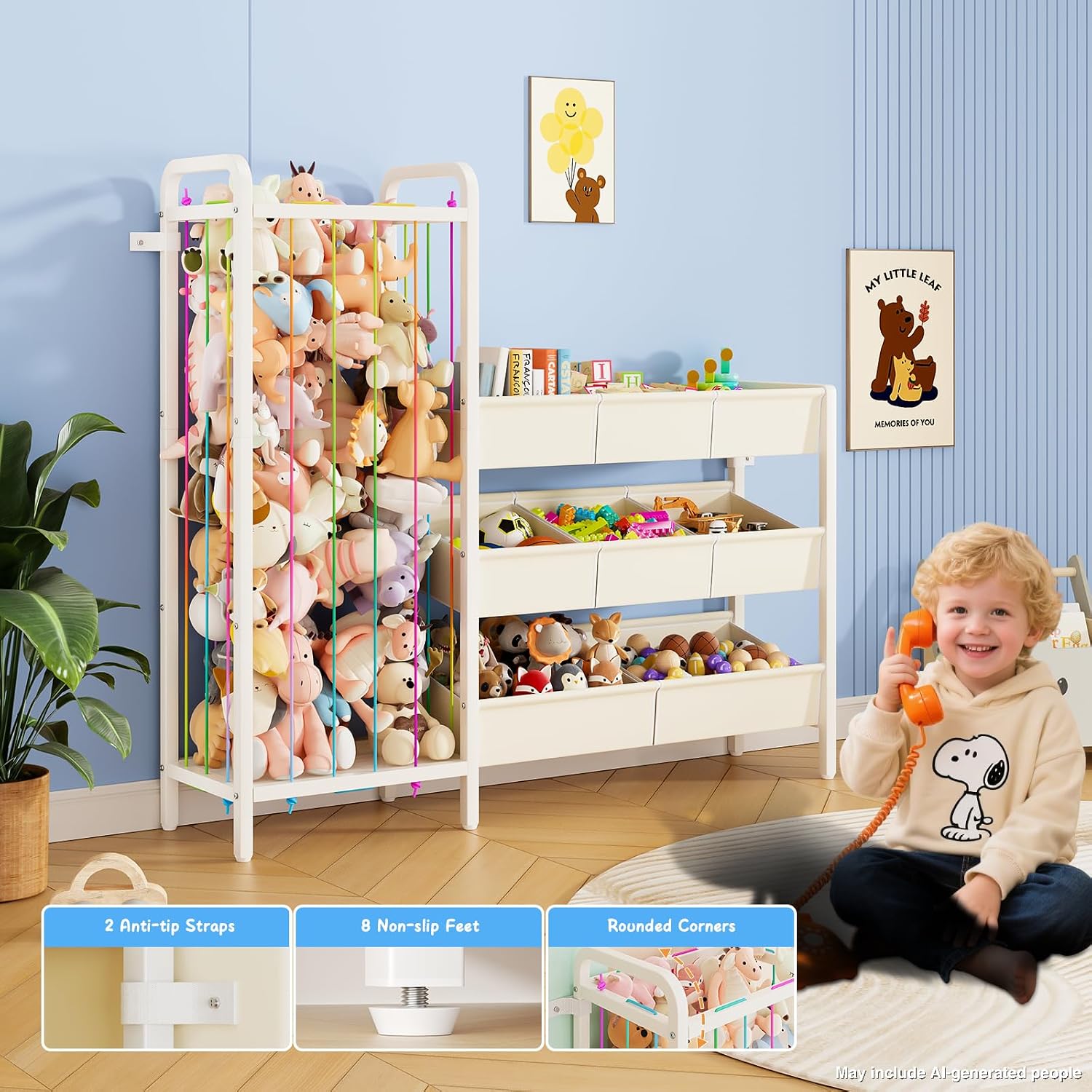 B6 Toy Storage Organizer with Stuffed Animal Storage, White | 3-Tier Wooden Shelves and 8 Bins, Toy Shelf Organizer, Kids Bookshelf and Toy Storage for Kids Room Bedroom Playroom Nursery