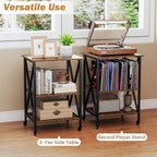 GOFLAME Record Player Stand with Power Outlet, 3-Tier Industrial Rolling Turntable Stand with 3 Vinyl Record Storage Dividers, Adjustable Shelf & Wheels for Living Room, Bedroom, Rustic Brown