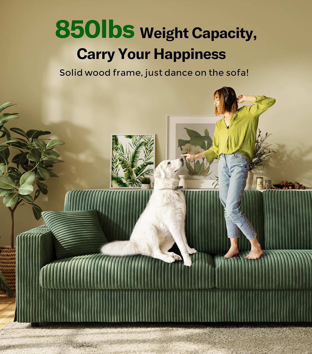 Welzona 101" Sofas for Living Room, Oversized Couch,Couches for Living Room | Comfy Corduroy Couch, Tool-Free Setup Sofa Couch, 6.3" Extra Wide Armrest, All-Wood Modern Couch For Bedroom, 2 Pillow, Green