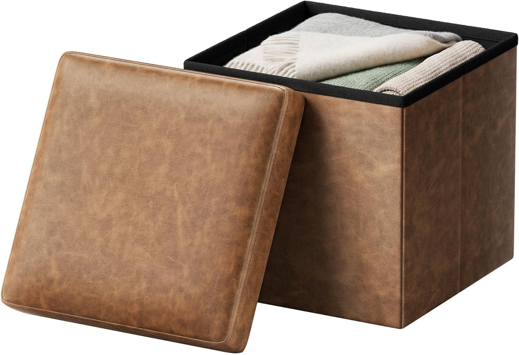 SONGMICS HOME Storage Ottoman, Removable Lid, Foldable Foot Stool, PU Leather, for Entryway, Living Room, Bedroom, 15.2 x 15.2 x 15.2 Inches, Brown