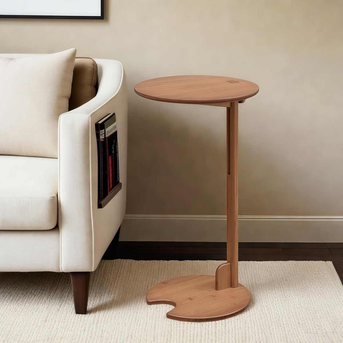 Bamboo Side Table for Sofa - Adjustable Height C Shaped End Tables for Small Spaces, Couch, Bedside, Living Room, 12.6x12.6x26 Inch TV Tray Round Stand for Drink, Snack, Coffee (Walnut)