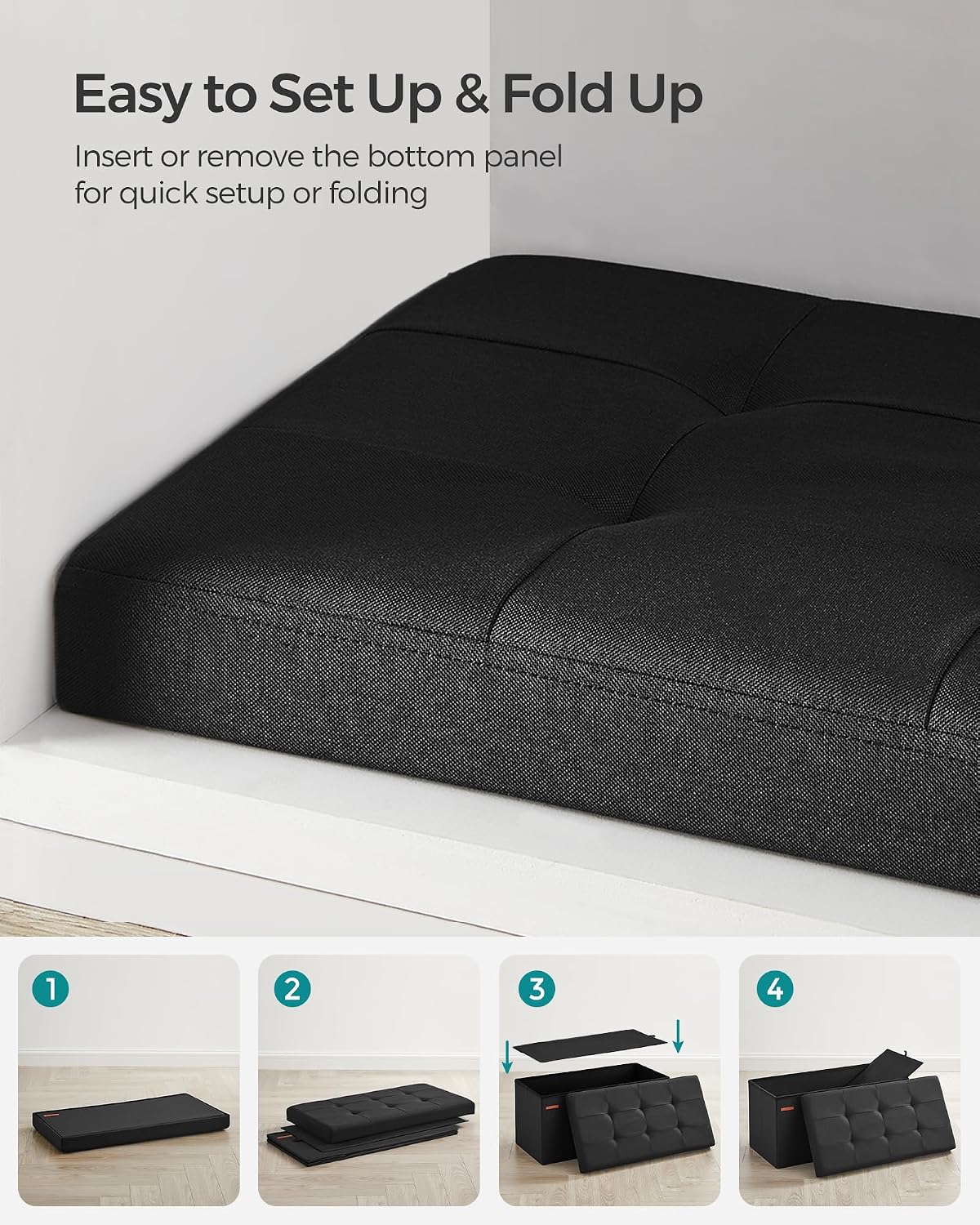 SONGMICS 30 Inches Folding Storage Ottoman Bench, Load 660 lb | Ottoman Foot Rest, Storage Chest, for Living Room, Entryway, Ink Black, MINOTA Collection ULSF047B01