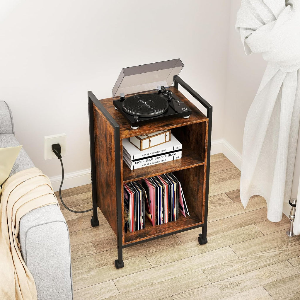 Giantex Record Player Stand with Charging Station, Mobile Turntable Stand with Record Storage & 4 Rolling Wheels, 3-Tier Vinyl Record Storage w/ Open Shelves & Dividers for Living Room, Rustic Brown