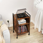 Giantex Record Player Stand with Charging Station, Mobile Turntable Stand with Record Storage & 4 Rolling Wheels, 3-Tier Vinyl Record Storage w/ Open Shelves & Dividers for Living Room, Rustic Brown