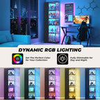 VersionTECH. Glass Display Cabinet with RGB Lights, 5-Tier Curio Cabinets with Glass Doors for Collectibles, Display Case with Adjustable Shelves, Human Sensor, Charging Station, Mirror Backing, Black