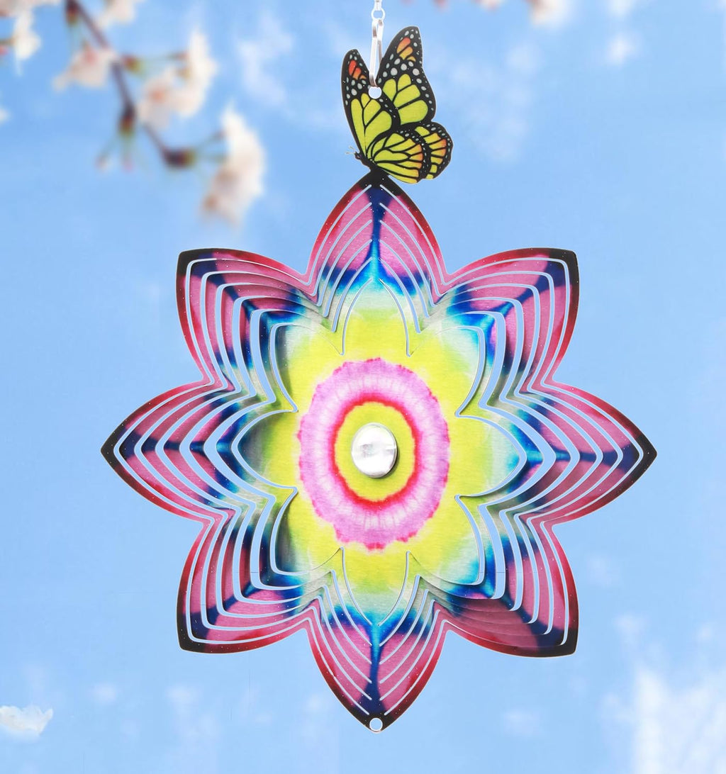 SPRING SONG Butterfly on Mandala Flower Wind Spinner for Yard and Garden Stainless Steel Spinner Indoor and Outdoor Hanging Decor Crafts Ornament Gifts Kinetic Art Yard Garden Hanging Wind Spinner