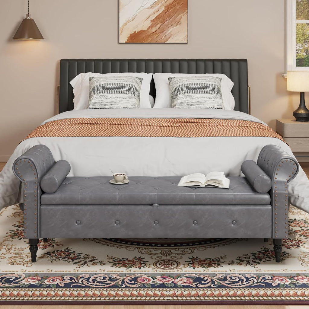 FiveWillowise 65" End of Bed Storage Bedroom Bench with Storage,Faux Leather Storage Ottoman Bench with Rolled Arms and Nailhead Trim for King Size End of Bed,Entryway,Living Room,Grey
