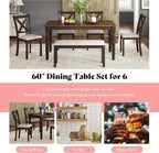 AMERLIFE 6-Piece Farmhouse Dining Table Set for 6-7, 60" Solid Wood Kitchen Table and Chairs, 1 Dining Table, 4 Upholstered Chairs and 1 Bench, Rustic Dining Room Set, Brown