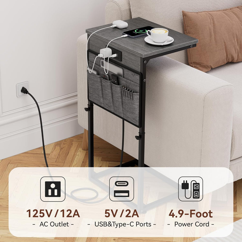 Vagusicc C-Shaped End Table with Charging Station, Small Side Table for Couch, 33" Tall Adjustable Height C Table, Couch Tables that Slide Under, Sofa Table TV Tray for Living Room, Gray Walnut