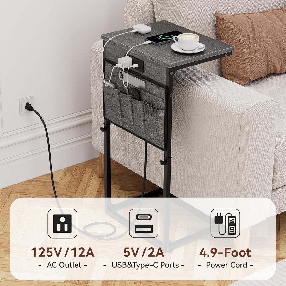Vagusicc C-Shaped End Table with Charging Station, Small Side Table for Couch, 33" Tall Adjustable Height C Table, Couch Tables that Slide Under, Sofa Table TV Tray for Living Room, Gray Walnut