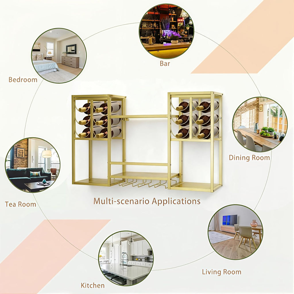 Wall-Mounted Wine Rack Tiered, Bistro Metal Hanging Bar Shelf, Floating Liquor Shelves with Glass Holders for Bars Club Home, Gold